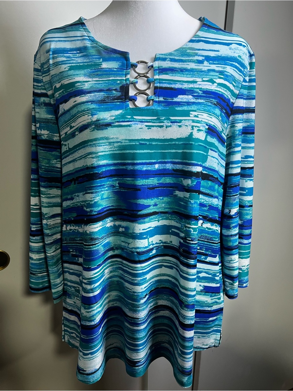 Ava & Grace Blue Teal Striped Ring-Front Tunic